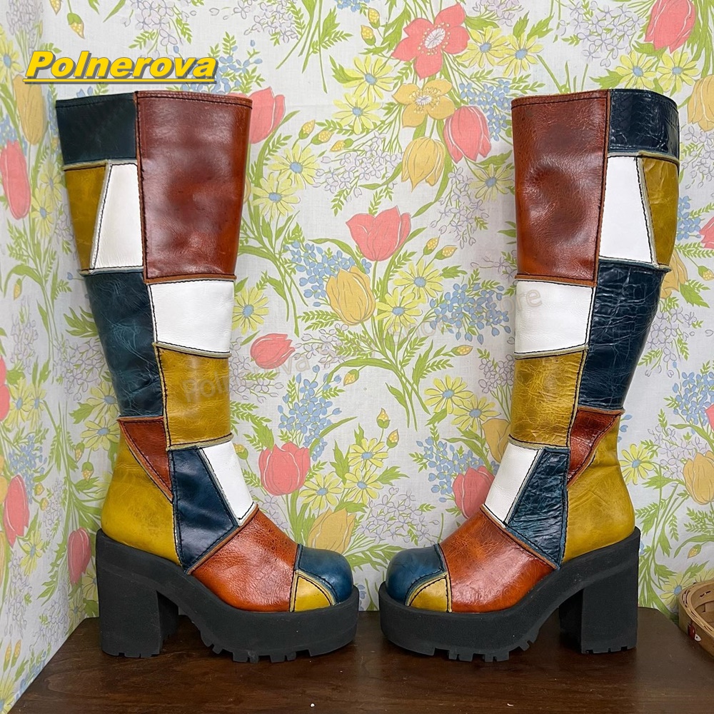 Vintage Fashion Y2K - Sepatu Boots Kulit Wanita Retro Patchwork